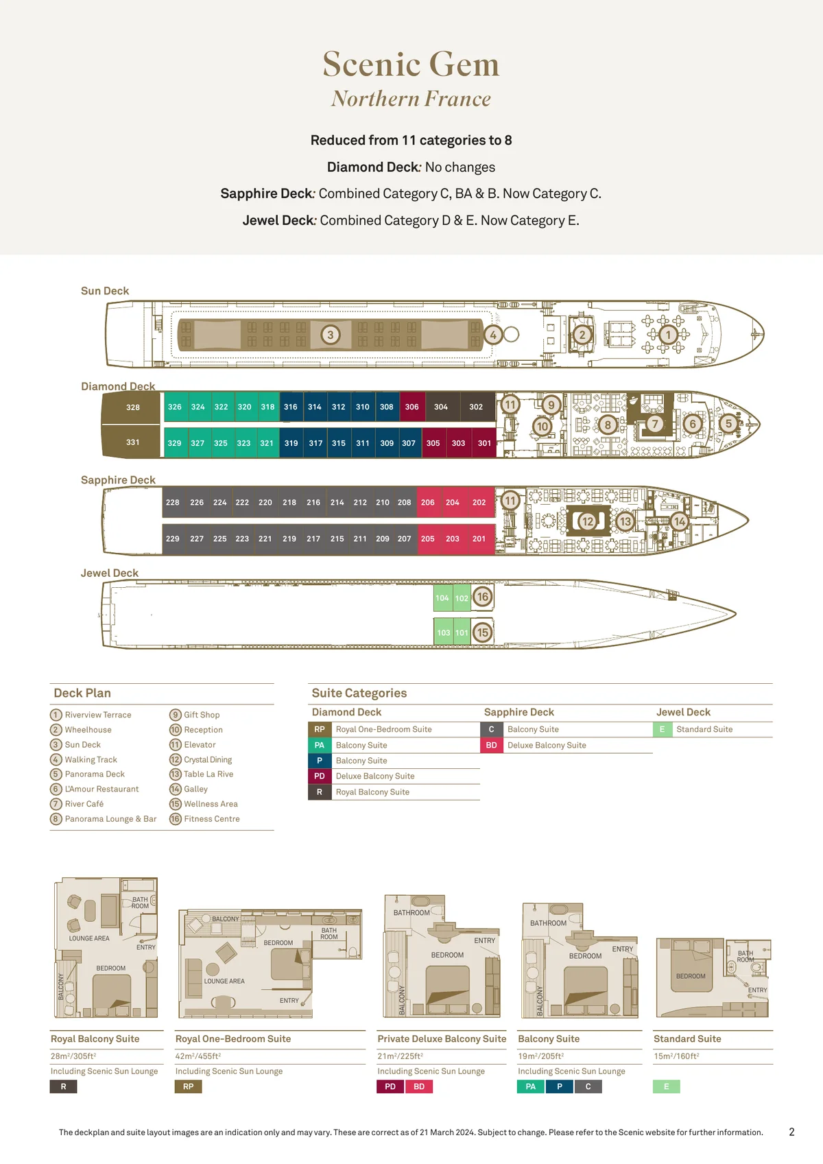 Scenic River Cruises, Scenic Gem Deck Plan & Suite Categories