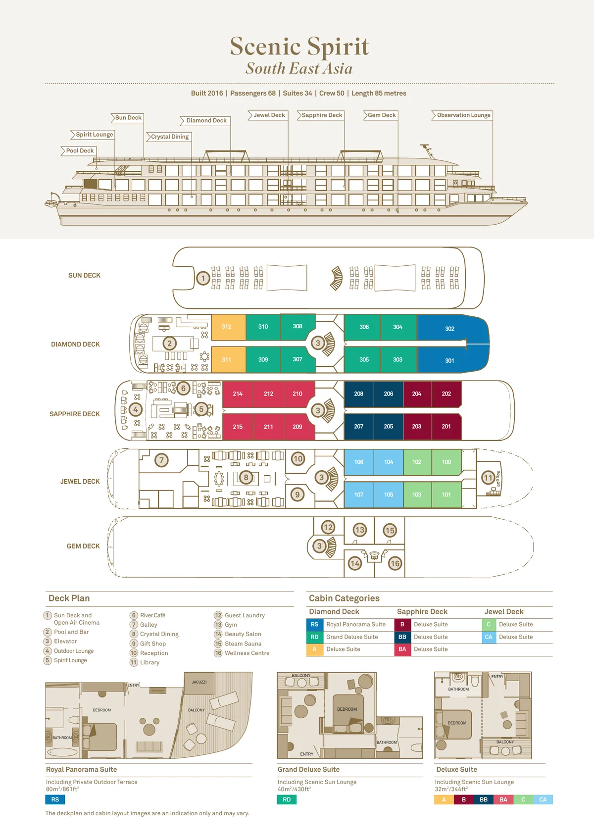 Scenic River Cruises, Scenic Spirit Deck Plan & Suite Categories