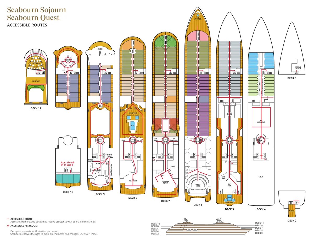 Seabourn Sojourn & Quest Accessible Routes Deck Plans